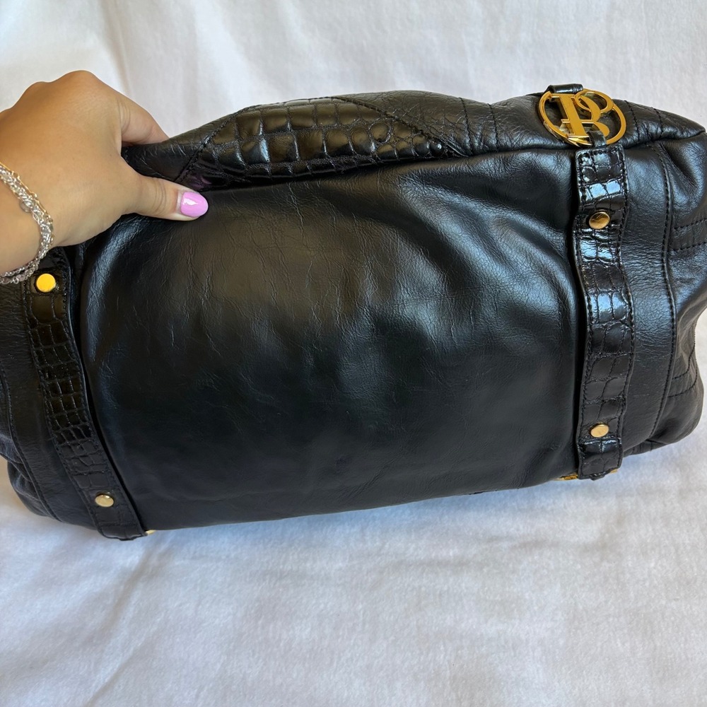 Bolzano Black Pebbled Leather Satchel Bag Gold Hardware Croc Trim Shoulder Bag - Picture 8 of 8